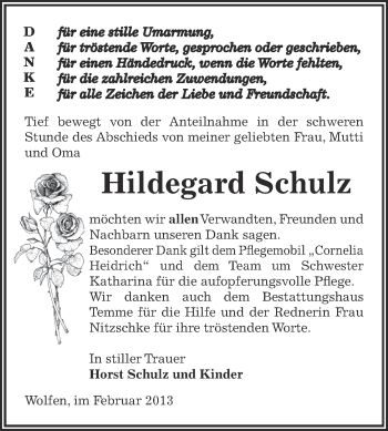 Traueranzeige von Hildegard Schulz von WVG - Wochenspiegel Bitterfeld