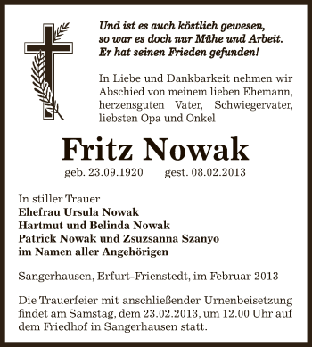 Traueranzeige von Fritz Nowak von Mitteldeutsche Zeitung Sangerhausen