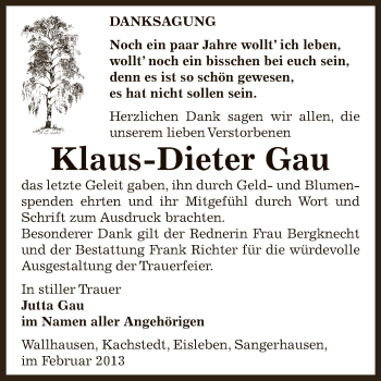 Traueranzeige von Klaus-Dieter Gau von Mitteldeutsche Zeitung Sangerhausen
