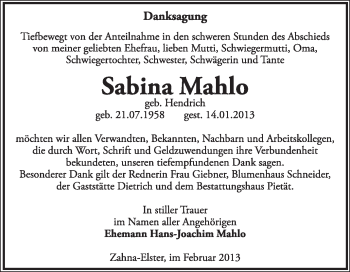 Traueranzeige von Sabina Mahlo von Mitteldeutsche Zeitung Jessen