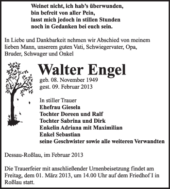 Traueranzeige von Walter Engel von Mitteldeutsche Zeitung Dessau-Roßlau