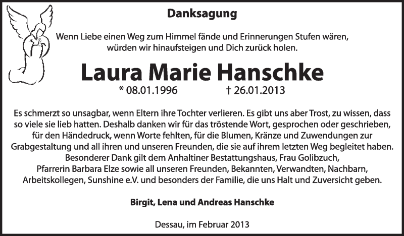  Traueranzeige für Laura Marie  Hanschke vom 17.02.2013 aus Mitteldeutsche Zeitung Dessau-Roßlau