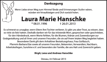 Traueranzeige von Laura Marie  Hanschke von Mitteldeutsche Zeitung Dessau-Roßlau