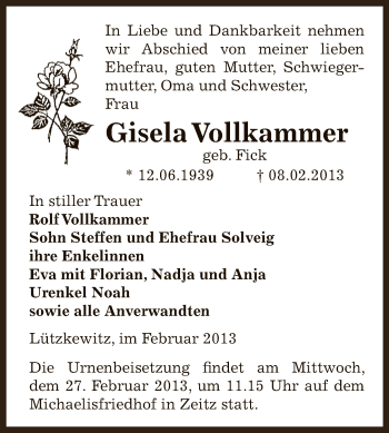 Traueranzeige von Gisela Vollkammer von Mitteldeutsche Zeitung Zeitz