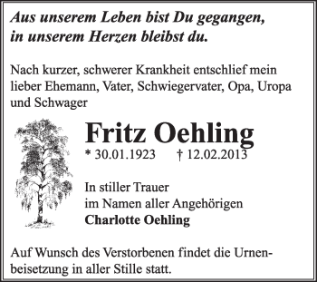 Traueranzeige von Fritz Oehling von Mitteldeutsche Zeitung Dessau-Roßlau