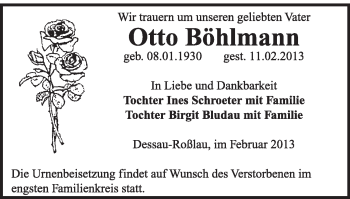 Traueranzeige von Otto Böhlmann von Mitteldeutsche Zeitung Dessau-Roßlau