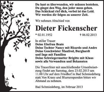 Traueranzeige von Dieter Fickenscher von Mitteldeutsche Zeitung Jessen