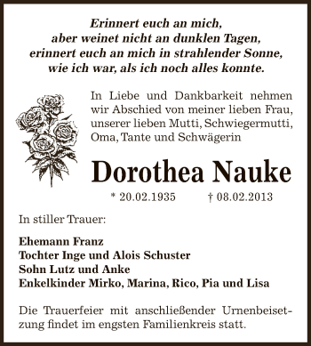 Traueranzeige von Dorothea Nauke von Mitteldeutsche Zeitung Bernburg