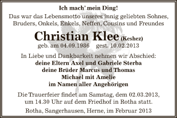 Traueranzeige von Christian Klee von Mitteldeutsche Zeitung Sangerhausen