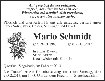 Traueranzeige von Mario Schmidt von Mitteldeutsche Zeitung Merseburg/Querfurt