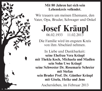Traueranzeige von Josef Kräupl von Mitteldeutsche Zeitung Aschersleben