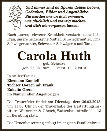 Traueranzeige von Carola Huth von Mitteldeutsche Zeitung Bernburg