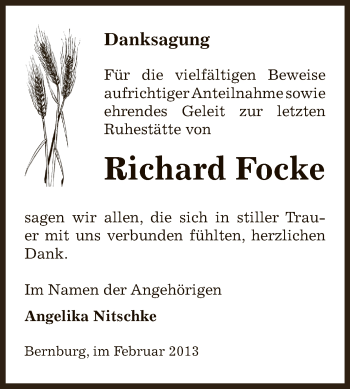 Traueranzeige von Richard Focke von Mitteldeutsche Zeitung Bernburg