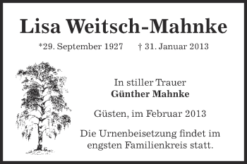 Traueranzeige von Lisa Weitsch-Mahnke von Mitteldeutsche Zeitung Bernburg