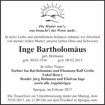 Traueranzeige von Inge Bartholomäus von Mitteldeutsche Zeitung Merseburg/Querfurt