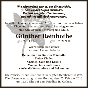 Traueranzeige von Günther Reinbothe von WVG - Wochenspiegel Dessau / Köthen