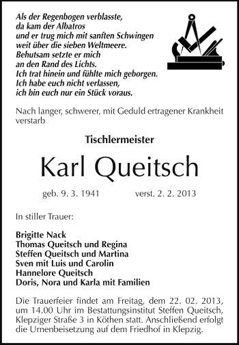 Traueranzeige von Karl Queitsch von Mitteldeutsche Zeitung Köthen