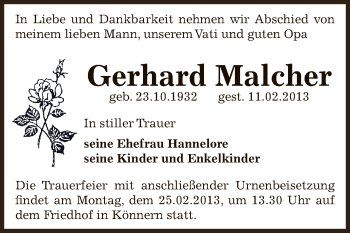 Traueranzeige von Gerhard Malcher von Mitteldeutsche Zeitung Bernburg