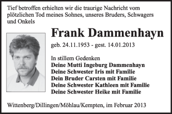 Traueranzeige von Frank Dammenhayn von Mitteldeutsche Zeitung Jessen