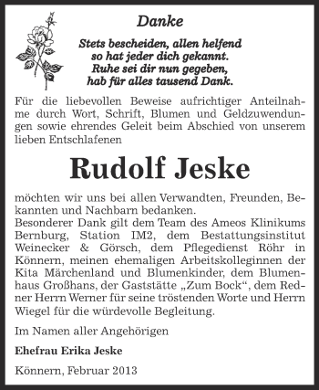Traueranzeige von Rudolf Jeske von Mitteldeutsche Zeitung Bernburg