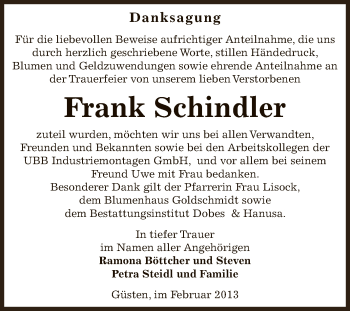 Traueranzeige von Frank Schindler von Mitteldeutsche Zeitung Bernburg