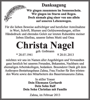 Traueranzeige von Christa Nagel von Mitteldeutsche Zeitung Jessen
