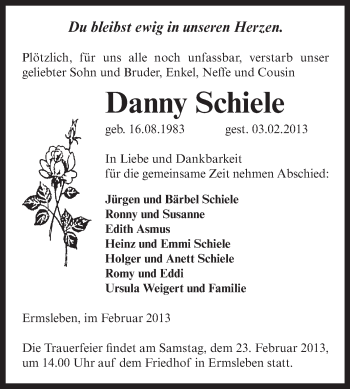 Traueranzeige von Danny Schiele von Mitteldeutsche Zeitung Quedlinburg