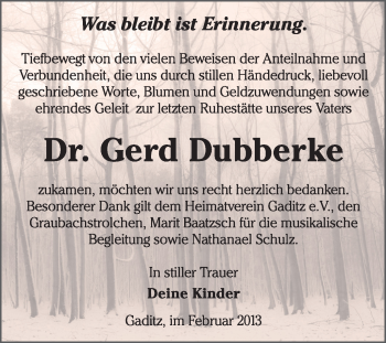 Traueranzeige von Gerd Dubberke von Mitteldeutsche Zeitung Jessen