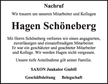 Traueranzeige von Hagen Schöneberg von Mitteldeutsche Zeitung Dessau-Roßlau