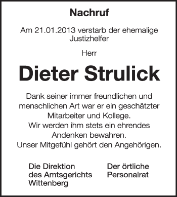 Traueranzeige von Dieter Strulick von Mitteldeutsche Zeitung Jessen