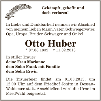 Traueranzeige von Otto Huber von WVG - Wochenspiegel Dessau / Köthen