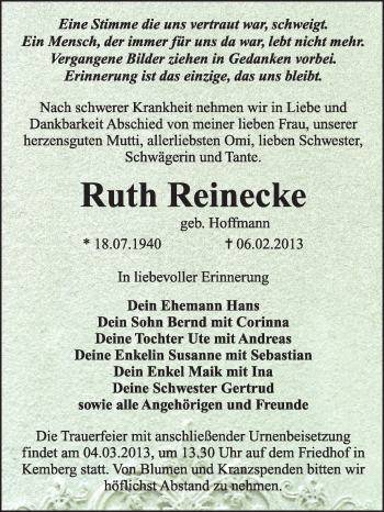 Traueranzeige von Ruth Reinecke von Mitteldeutsche Zeitung Jessen