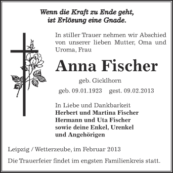 Traueranzeige von Anna Fischer von Mitteldeutsche Zeitung Zeitz