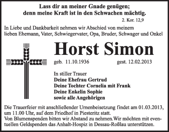 Traueranzeige von Horst Simon von Super Sonntag Wittenberg