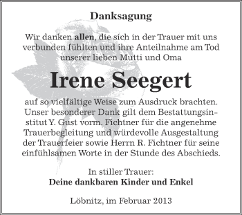 Traueranzeige von Irene Seegert von WVG - Wochenspiegel Dessau / Köthen