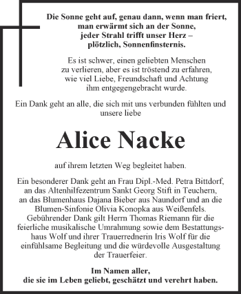 Traueranzeige von Alice Nacke von WVG - Wochenspiegel NMB / WSF / ZTZ