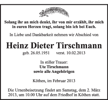 Traueranzeige von Heinz Dieter Tirschmann von Mitteldeutsche Zeitung Köthen