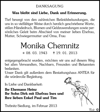 Traueranzeige von Monika Chemnitz von WVG - Wochenspiegel NMB / WSF / ZTZ