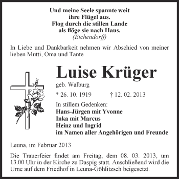 Traueranzeige von Luise Krüger von Super Sonntag Merseburg