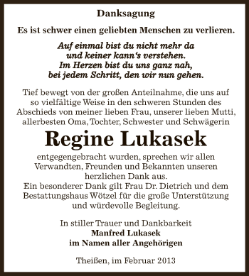 Traueranzeige von Regine Lukasek von Mitteldeutsche Zeitung Zeitz