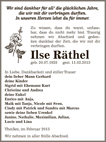 Traueranzeige von Ilse Räthel von Mitteldeutsche Zeitung Zeitz