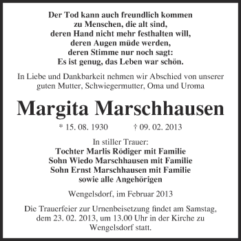 Traueranzeige von Margita Marschhausen von Mitteldeutsche Zeitung Weißenfels