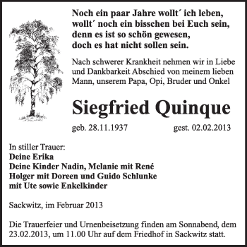 Traueranzeige von Siegfried Quinque von WVG - Wochenspiegel Wittenberg