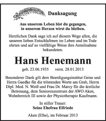 Traueranzeige von Hans Henemann von Mitteldeutsche Zeitung Köthen