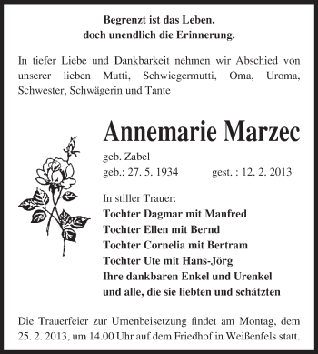 Traueranzeige von Annemarie Marzec von Super Sonntag Merseburg