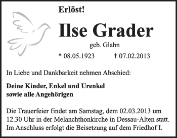 Traueranzeige von Ilse Grader von Mitteldeutsche Zeitung Dessau-Roßlau