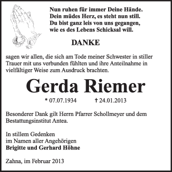 Traueranzeige von Gerda Riemer von Mitteldeutsche Zeitung Jessen