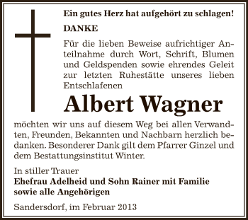 Traueranzeige von Albert Wagner von WVG - Wochenspiegel Bitterfeld