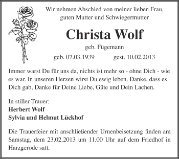 Traueranzeige von Christa Wolf von Mitteldeutsche Zeitung Quedlinburg