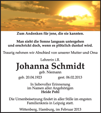 Traueranzeige von Johanna Schmidt von Mitteldeutsche Zeitung Jessen